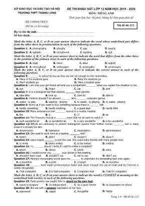 Đề thi khảo sát môn Tiếng Anh Lớp 12 - Mã đề 212 - Năm học 2019-2020 - Trường THPT Thăng Long